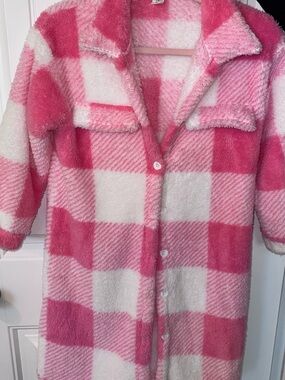 SHEIN Pink & White Plush Buffalo-Check Shacket